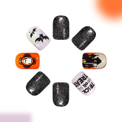 Halloween Press On Nails Short Square Fake Nails with Variation 26 Black Blue