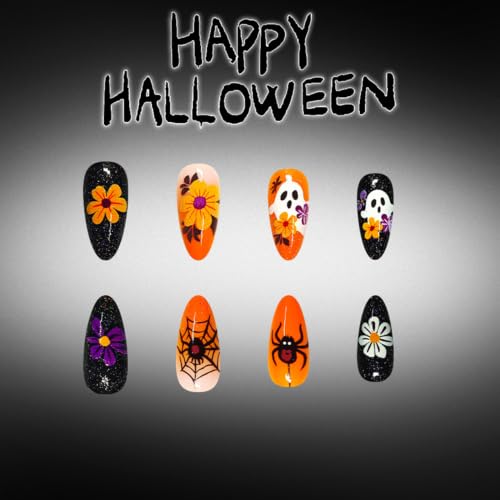 Vopintpy Halloween Ghost Spider Press On Nails Medium - Fake Nails Set with Adhesive Tabs - Variation Halloween Nails 2302