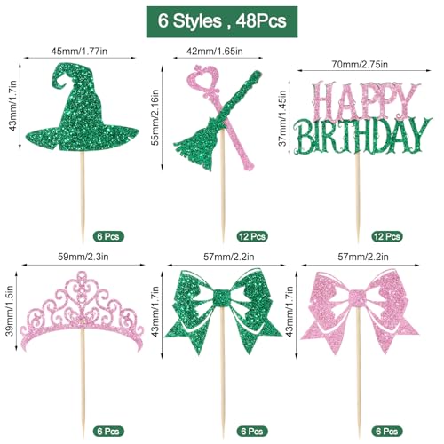 Witch Birthday Cupcake Toppers Set - Pink and Green Witch Themed Decorations, 48 Pieces