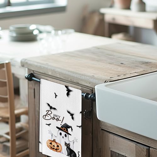 Ghost Pumpkins Bats Cat Hey Boo Halloween Waffle Weave Kitchen Towels - Apricot Variation