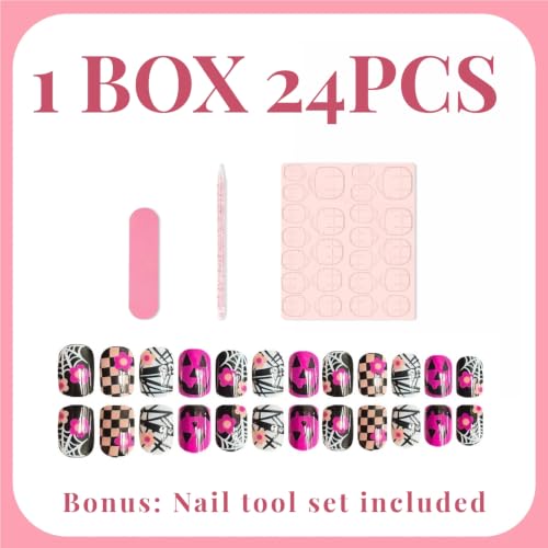 Halloween Press On Nails Short Square Fake Nails with 3D Flower Spider Web Pumpkin & Ghost Design - Bandage Ghost Variation