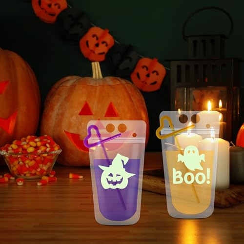 Glow in the Dark Halloween Drink Pouches with Straws - Spooky Party Decorations, 36 Pack