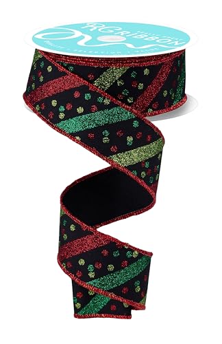 Confetti Dots & Glitter Stripes Wired Ribbon - 1.5" x 10 Yards, Black, Red, Lime Green, Emerald