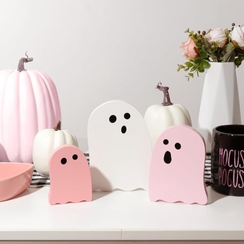 Halloween Ghost Decor Set - Pink & White Wooden Table Decorations for Indoor Home & Office