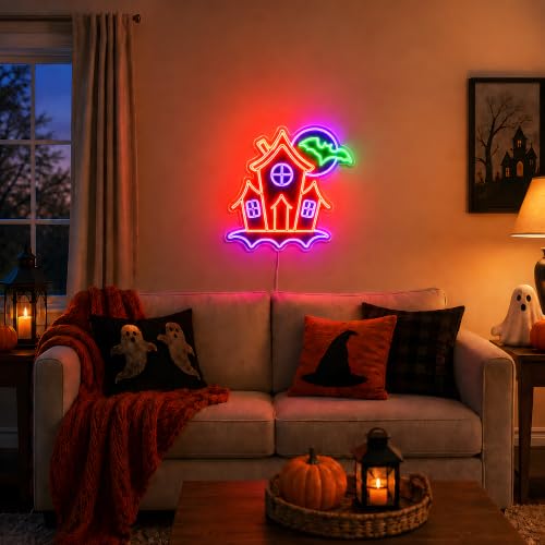Halloween Neon Sign - Haunted House with Bats LED Wall Light, Dimmable USB Decor