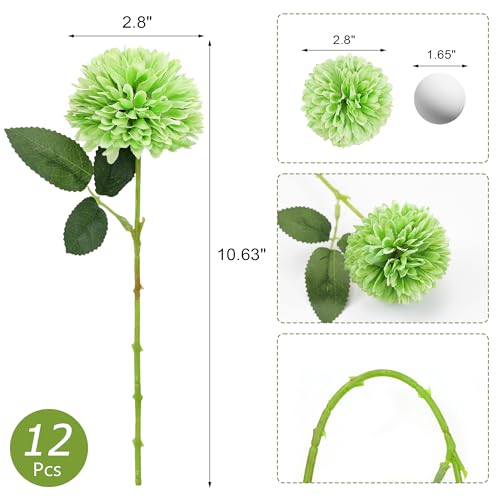 Artificial Chrysanthemum Flowers - Green 12 Pieces, Realistic Silk Blooms for Decor