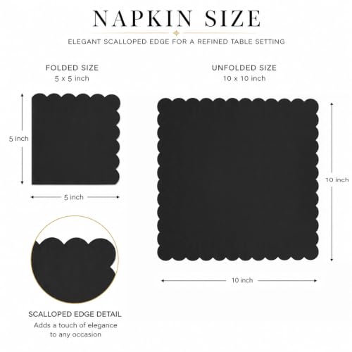 Black Cocktail Napkins 60 Pack - 5x5 Inch Scalloped Disposable Party Napkins - Wuvolution