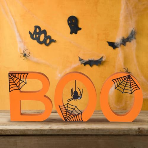 Ovootok Boo Halloween Sign - 3PC Wooden Indoor Decor with Spiderwebs & Spider - Festive Table Centerpiece - Variation: Boo