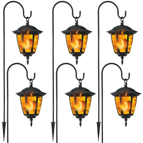 Warm White Solar Flickering Flame Hanging Lanterns - 6 Pack with Shepherd Hooks