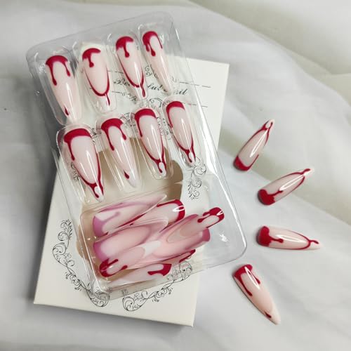 Halloween 24PCS Press On Nails Long Stiletto Blood Design White Tips - Variation Halloween12