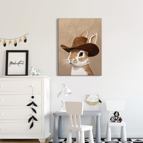 Cowboy Bunny Canvas Wall Art - Neutral Western Nursery Decor, 24x16 inches