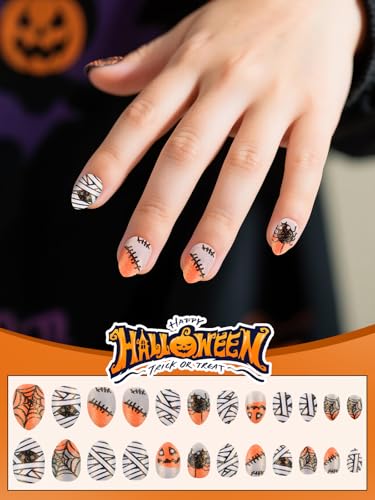 Halloween Kid Press On Nails - Sparkle Almond Fake Nails 24Pcs with Variation of Halloween Sparkle