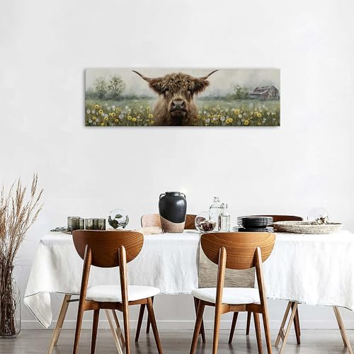 48 Inch Highland Cow Farmhouse Wall Art - Rustic Dandelion Scene for Living Room