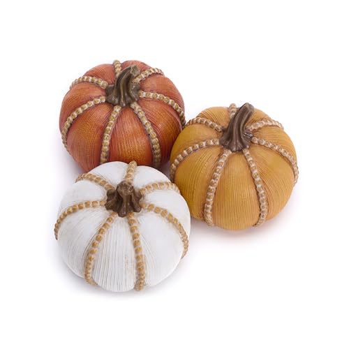 Set of 3 Fall Pumpkin Decor - Resin Autumn Centerpieces for Home, Thanksgiving & Halloween