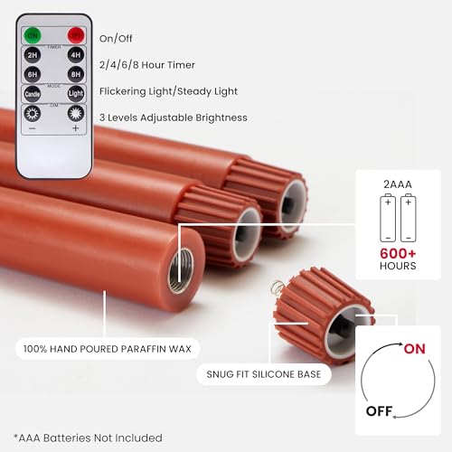 Velsyn Fall Decor Flameless Taper Candles with Remote - 6 Pack, Terracotta Variation