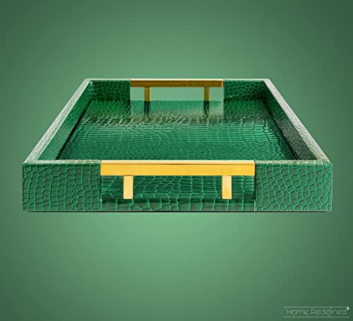 Elegant Rectangular Faux Leather Serving Tray with Gold Handles - Crocodile Green 17.5x12