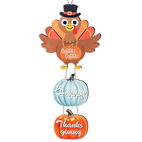 Thanksgiving Door Hanging Sign Decorations - Wooden Fall Wreath with Turkey & Pumpkin - Front Door Decor for Porch & Wall - Variation: Turkey