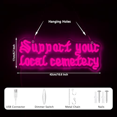 Support Your Local Cemetery Neon Sign Pink Dimmable Gothic Wall Decor for Room Bar Man Cave Halloween