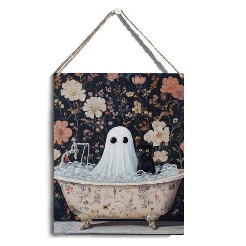 Halloween Wooden Wall Sign - Cute Ghost & Black Cat Decor C-3