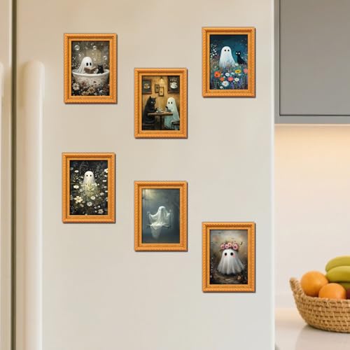 Halloween Refrigerator Magnets - Vintage Wooden Ghost & Cat Design - Style 1 - 6 Pcs