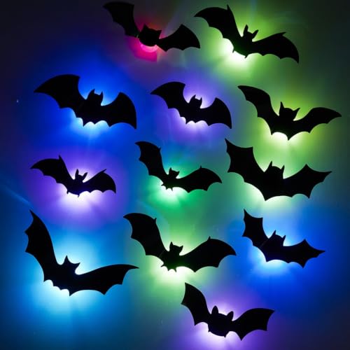 Halloween Bat Wall Stickers 48 Pack with Colorful LED Lights - 3D Glowing Gothic Decorations, Style2-48pcs