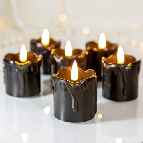 Black Dripping Wax Halloween Flameless Votive Candles with Timer - Set of 6