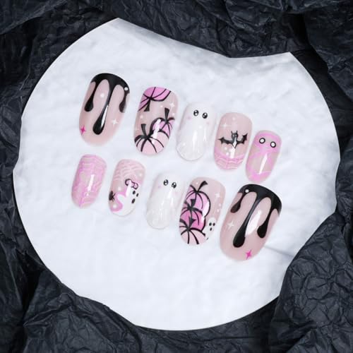 3D Ghost Halloween Press On Nails - Short Almond Fake Nails with Mummy Pumpkin Bat Web Designs - Pink, Glossy, Reusable, DIY Manicure, Variation 26