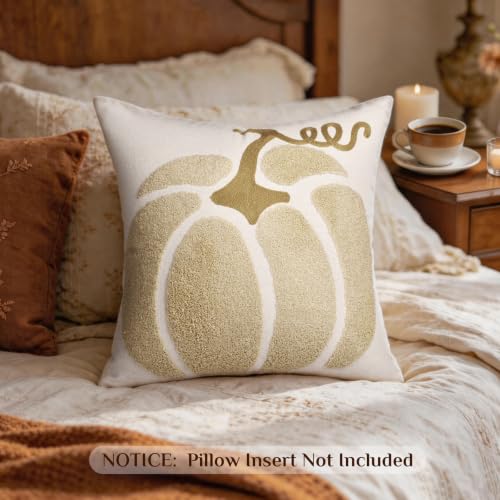 Beige Fall Pumpkin Pillow Cover 18x18 Autumn Halloween Thanksgiving Decor