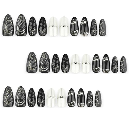 Black Y2K Press On Nails Medium Almond Gothic False Nails Style-20