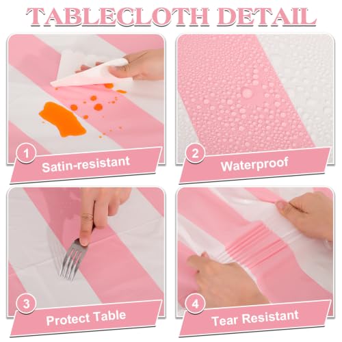 Disposable Pink and White Striped Tablecloths - 3 Pack, 54x108 Inches, Carnival Theme, Party Decor