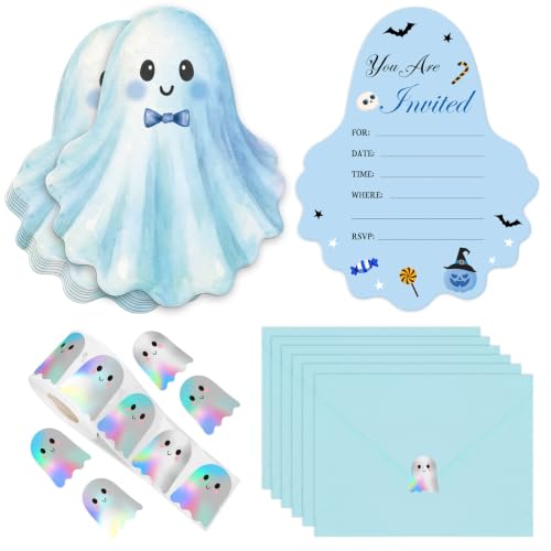 Blue Ghost Halloween Invitations Card Set - 25 Pack with Envelopes & Stickers