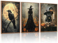 Halloween Wall Art Set - Dark Witch & Black Cat Gothic Prints 24x36 Inches - Variation of Dark Halloween