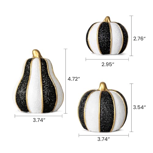 Set of 3 Black & White Modern Resin Pumpkins Fall Decor - Glitter Finish