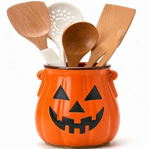 Halloween Ceramic Pumpkin Utensil Holder for Kitchen, Orange Candy Crock
