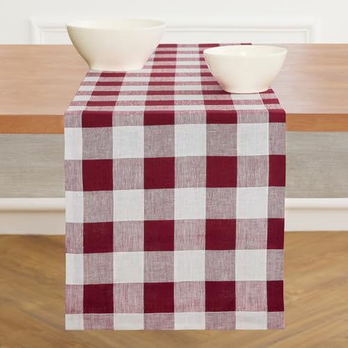 Burgundy & White Check Linen Table Runner 14 x 120 Inches - Handmade, OEKO-TEX Certified