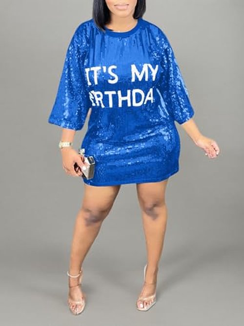 KIRJAUDU Women Sequin Glitter Letter Print 3/4 Sleeve Round Neck Party Club Mini T Shirt Dress Blue M