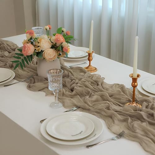 Nude Brown Cheesecloth Table Runner Set - 6 Pcs, 120 Inch Long Boho Decor