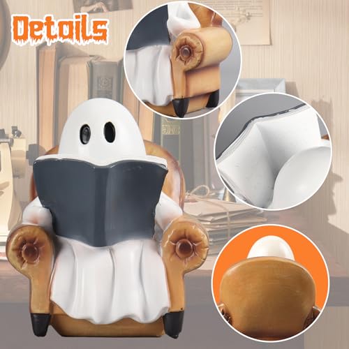 Indoor Halloween Ghost Reading Book Figurine - Cozy Spooky Home Decor - Brown Variation