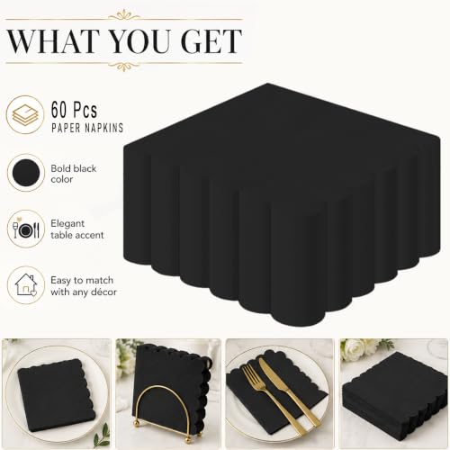 Black Cocktail Napkins 60 Pack - 5x5 Inch Scalloped Disposable Party Napkins - Wuvolution