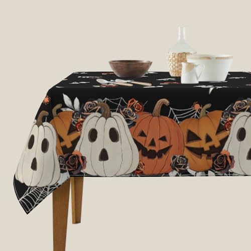 84x60 Inch Halloween Rectangular Tablecloth Black Pumpkin Rose Floral Decor