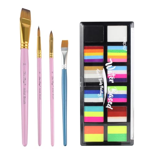 Water-Based Rainbow Face Paint Kit for Adults - 12 Colors & 4 Brushes, Halloween & Cosplay