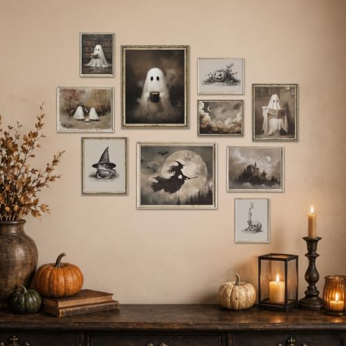 Ghost Halloween Wall Art Set - Cute Ghost Variation, Gothic Moody Decor, Unframed, 10 Pieces