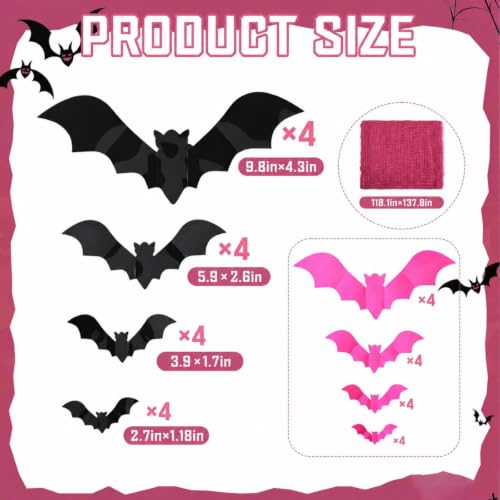 Pink Halloween Gauze Backdrop with 3D Bat Decorations - 118 x 138 inches, 32 Pcs