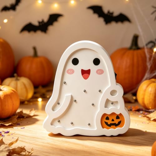 Halloween Wooden Ghost Table Sign - Light Up Decor for Desk, Home, Office - White Variation