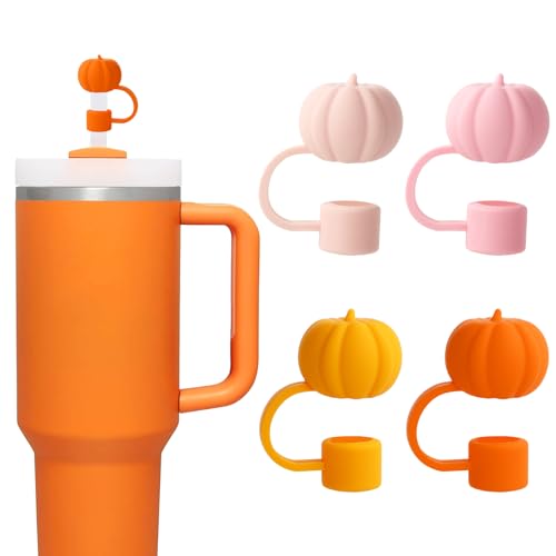 Fall Pumpkin Silicone Reusable Straw Cover Caps - Orange Pink, 4 Pack