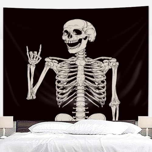 Skull Skeleton Wall Tapestry - Gothic Black & White Halloween Home Decor - 51x59 Inches