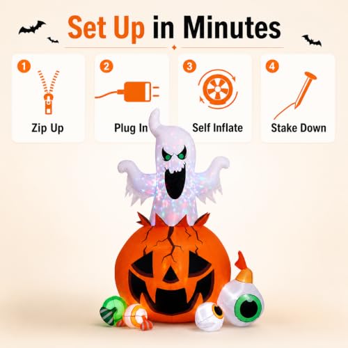 8FT Halloween Inflatable Ghost and Pumpkin Yard Decor with Colorful LED Lights