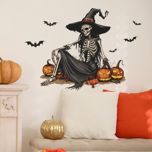 Halloween Witch Skeleton Wall Decals - Removable Skull Stickers with Bats & Pumpkins, Black & Orange Variation