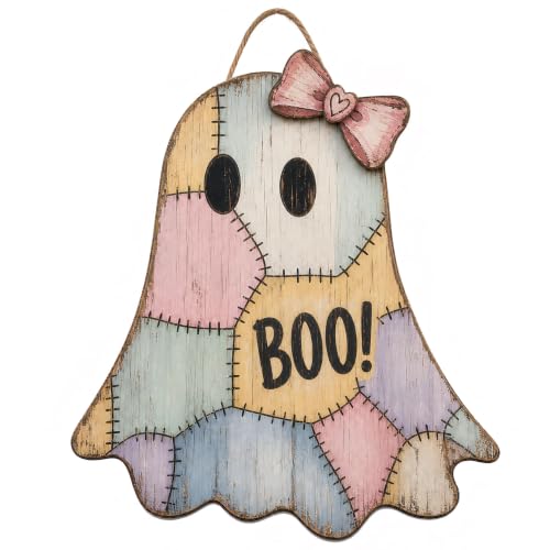 Halloween Ghost Door Sign - Wooden Indoor Front Door Decor Welcome Sign for Halloween
