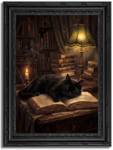 Dark Academia Cat Wall Art - Framed Vintage Gothic Canvas Print, 16x12in - Moody Black Cat Sleeping on Book